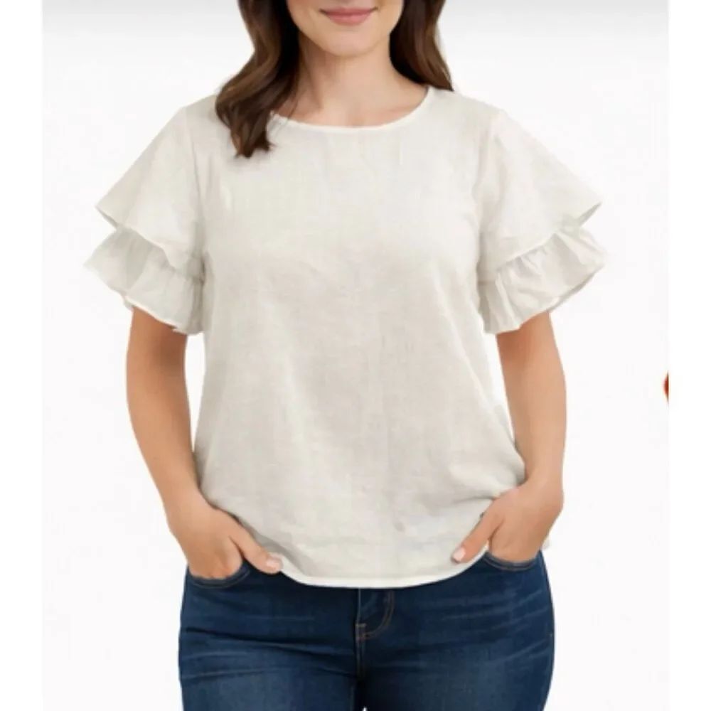Lord & Taylor white linen ruffle sleeve top size s
